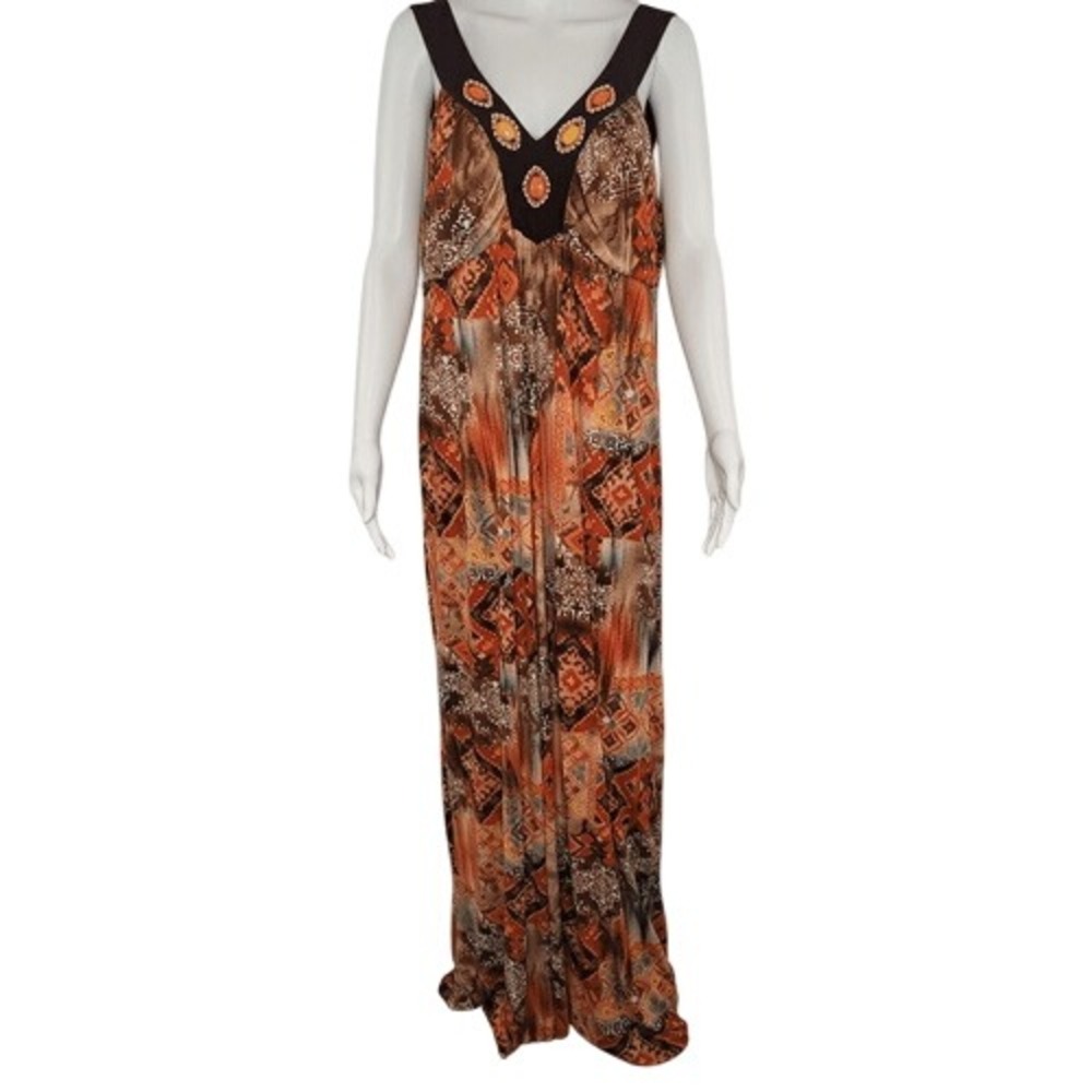 Midnight Velvet‎ Orange Beaded V-Neck Maxi Dress